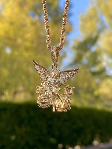 Shop-iGold Strength of St Michael Archangel Saint Michael Men's Women's 925 Italy 14k Gold 5X Necklace Pendant, Rope Chain The Archangel Michael in Kuwait