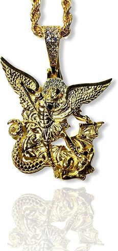 Shop-iGold Strength of St Michael Archangel Saint Michael Men's Women's 925 Italy 14k Gold 5X Necklace Pendant, Rope Chain The Archangel Michael in Kuwait