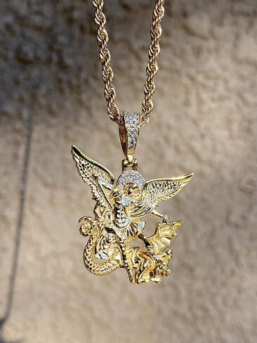 Shop-iGold Strength of St Michael Archangel Saint Michael Men's Women's 925 Italy 14k Gold 5X Necklace Pendant, Rope Chain The Archangel Michael in Kuwait