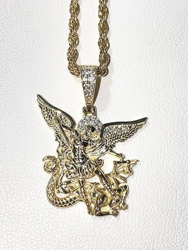 Shop-iGold Strength of St Michael Archangel Saint Michael Men's Women's 925 Italy 14k Gold 5X Necklace Pendant, Rope Chain The Archangel Michael in Kuwait