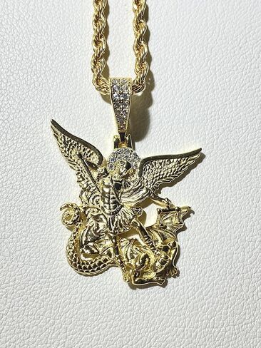 Shop-iGold Strength of St Michael Archangel Saint Michael Men's Women's 925 Italy 14k Gold 5X Necklace Pendant, Rope Chain The Archangel Michael in Kuwait