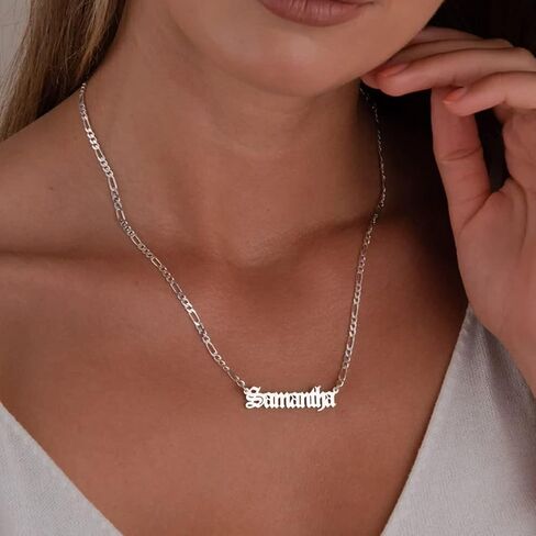 Personalized Name Necklace with Cuban/Figaro Chain, Dainty Customized Nameplate Necklaces for Women Men Custom Jewelry Christmas Birthday Gifts in Kuwait
