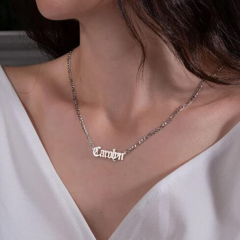 Personalized Name Necklace with Cuban/Figaro Chain, Dainty Customized Nameplate Necklaces for Women Men Custom Jewelry Christmas Birthday Gifts in Kuwait