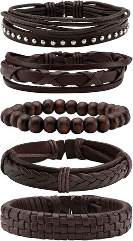 MILAKOO Braided Black Leather Bracelet for Men and Women Wooden Beads Bracelet Adjustable in Saudi Arabia