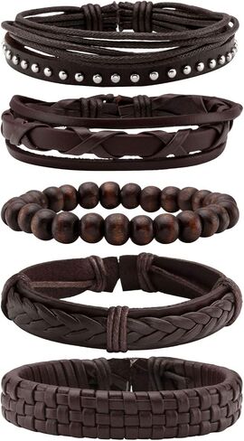 MILAKOO Braided Black Leather Bracelet for Men and Women Wooden Beads Bracelet Adjustable in Saudi Arabia