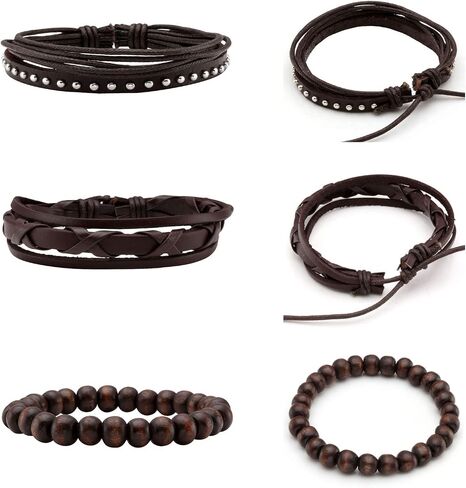 MILAKOO Braided Black Leather Bracelet for Men and Women Wooden Beads Bracelet Adjustable in Saudi Arabia