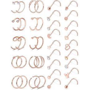 Vsnnsns 20G Nose Rings for Women Stainless Steel Bone L Shaped Nose Studs Screw Opal Nose Rings CZ Heart Nose Ring Hoop Nose Rings Studs Hoop Piercings Jewelry for Women Men 26-38Pcs in Kuwait
