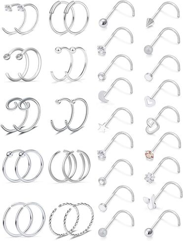Vsnnsns 20G Nose Rings for Women Stainless Steel Bone L Shaped Nose Studs Screw Opal Nose Rings CZ Heart Nose Ring Hoop Nose Rings Studs Hoop Piercings Jewelry for Women Men 26-38Pcs in Saudi Arabia