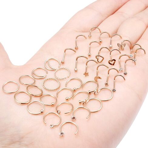 Vsnnsns 20G Nose Rings for Women Stainless Steel Bone L Shaped Nose Studs Screw Opal Nose Rings CZ Heart Nose Ring Hoop Nose Rings Studs Hoop Piercings Jewelry for Women Men 26-38Pcs in Kuwait