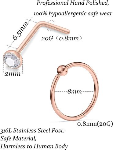 Vsnnsns 20G Nose Rings for Women Stainless Steel Bone L Shaped Nose Studs Screw Opal Nose Rings CZ Heart Nose Ring Hoop Nose Rings Studs Hoop Piercings Jewelry for Women Men 26-38Pcs in Kuwait