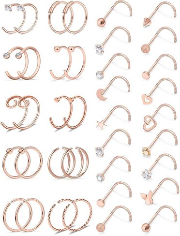 Vsnnsns 20G Nose Rings for Women Stainless Steel Bone L Shaped Nose Studs Screw Opal Nose Rings CZ Heart Nose Ring Hoop Nose Rings Studs Hoop Piercings Jewelry for Women Men 26-38Pcs in Kuwait