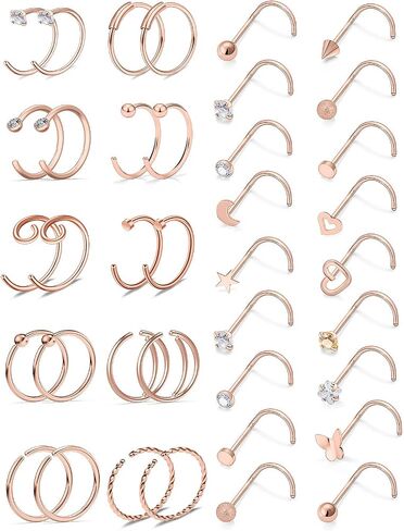 Vsnnsns 20G Nose Rings for Women Stainless Steel Bone L Shaped Nose Studs Screw Opal Nose Rings CZ Heart Nose Ring Hoop Nose Rings Studs Hoop Piercings Jewelry for Women Men 26-38Pcs in Kuwait