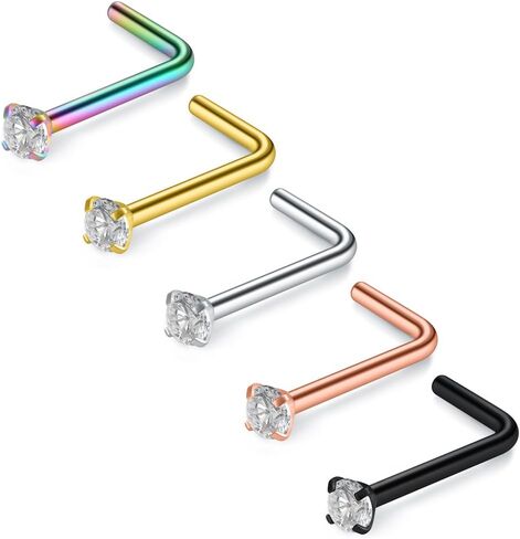SCERRING 20G 5PCS Mix Color Stainless Steel L-Shape Nose Stud Ring Piercing Body Jewelry 2mm Top in Saudi Arabia