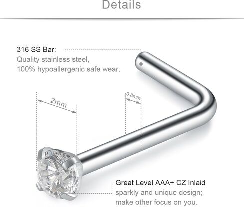 SCERRING 20G 5PCS Mix Color Stainless Steel L-Shape Nose Stud Ring Piercing Body Jewelry 2mm Top in Saudi Arabia