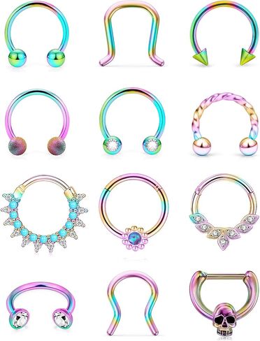 Vsnnsns 16G Septum Jewelry Septum Ring Piercing Jewelry Opal Septum Clicker Ring and Horseshoe Barbell Stainless Steel Septum Nose Rings Hoop Piercing Jewelry for Men Women 10mm 12pcs in Saudi Arabia