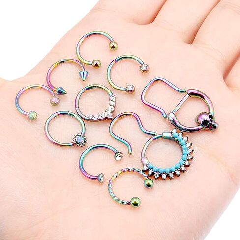 Vsnnsns 16G Septum Jewelry Septum Ring Piercing Jewelry Opal Septum Clicker Ring and Horseshoe Barbell Stainless Steel Septum Nose Rings Hoop Piercing Jewelry for Men Women 10mm 12pcs in Saudi Arabia