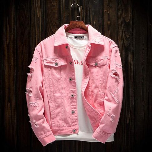 Ripped Denim Jacket for Men Baggy Style Winter Long Sleeve Top Stylish WindbreakerFall in Saudi Arabia
