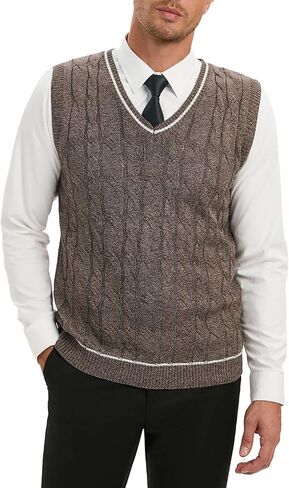 TURETRENDY Men's V Neck Sweater Vest Casual Cable Knit Slim Fit Sleeveless Pullover Sweater with Ribbing Edge in Saudi Arabia