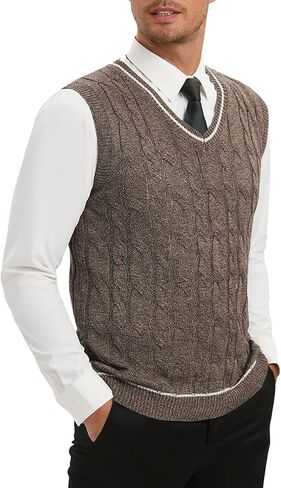 TURETRENDY Men's V Neck Sweater Vest Casual Cable Knit Slim Fit Sleeveless Pullover Sweater with Ribbing Edge in Saudi Arabia