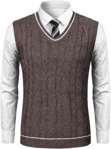 TURETRENDY Men's V Neck Sweater Vest Casual Cable Knit Slim Fit Sleeveless Pullover Sweater with Ribbing Edge in Saudi Arabia