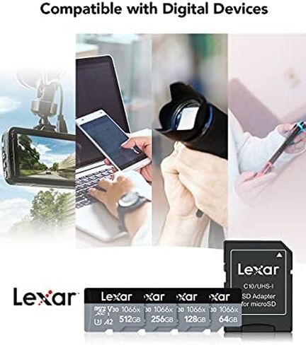بطاقة Lexar Professional 1066x microSDXC UHS-I مع محول SD سلسلة فضية، قراءة تصل إلى 160 ميجابايت/ثانية، لكاميرات الحركة والطائرات بدون طيار والهواتف الذكية والأجهزة اللوحية المتطورة (LMS1066128G-B2ANU) in Saudi Arabia
