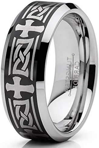 Metal Masters Co. Men's Tungsten Ring Christian Cross Celtic Wedding Band Laser Etched Black 8MM 7-15 in Saudi Arabia