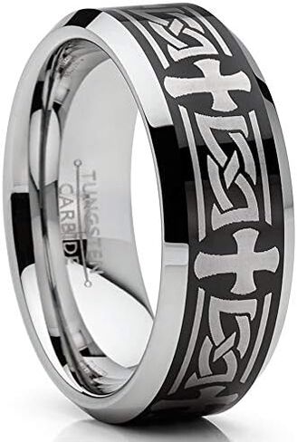 Metal Masters Co. Men's Tungsten Ring Christian Cross Celtic Wedding Band Laser Etched Black 8MM 7-15 in Saudi Arabia