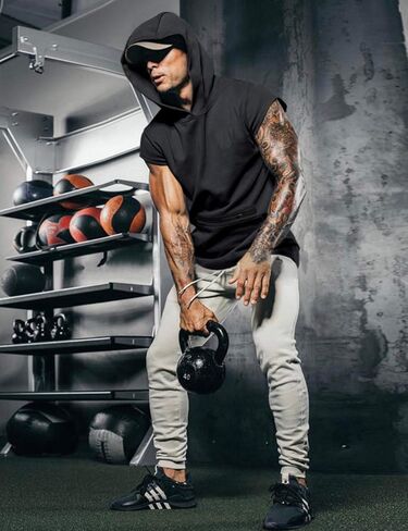 Mens Workout Tank Tops with Hood Sleeveless Gym t-Shirt Muscles Tees Athletic Pockets in Kuwait