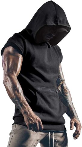 Mens Workout Tank Tops with Hood Sleeveless Gym t-Shirt Muscles Tees Athletic Pockets in Kuwait