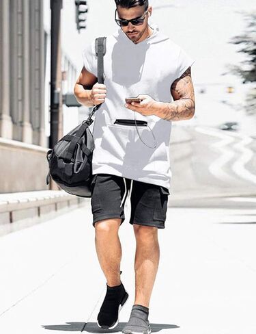 Mens Workout Tank Tops with Hood Sleeveless Gym t-Shirt Muscles Tees Athletic Pockets in Kuwait