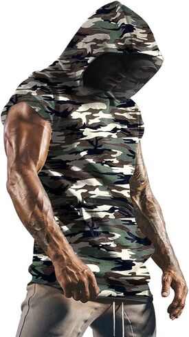 Mens Workout Tank Tops with Hood Sleeveless Gym t-Shirt Muscles Tees Athletic Pockets in Kuwait
