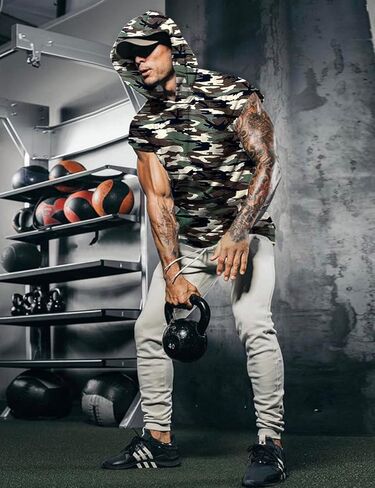 Mens Workout Tank Tops with Hood Sleeveless Gym t-Shirt Muscles Tees Athletic Pockets in Kuwait