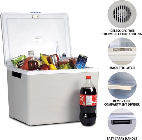 Koolatron Thermoelectric Iceless 12 Volt Cooler Warmer 36 qt (34 L), Electric Portable Car Cooler with DC Plug, Grey and White, for Travel Camping Fishing Trucking, Made in North America in Saudi Arabia
