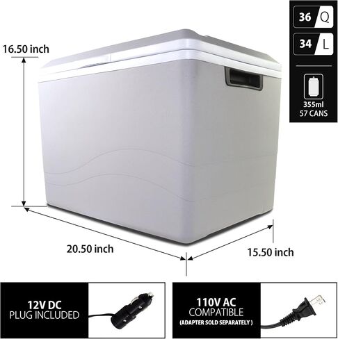 Koolatron Thermoelectric Iceless 12 Volt Cooler Warmer 36 qt (34 L), Electric Portable Car Cooler with DC Plug, Grey and White, for Travel Camping Fishing Trucking, Made in North America in Saudi Arabia
