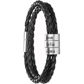 OBTIAN Personalized 925 Sterling Silver Men ID Black Braid Rope Bracelet with Small Custom Beads - Customize Family Name in Bracelet in Kuwait