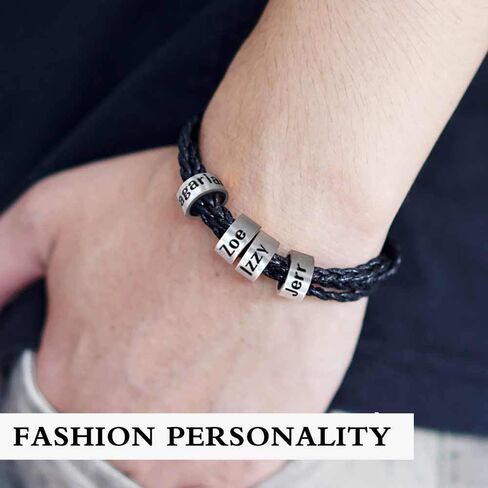 OBTIAN Personalized 925 Sterling Silver Men ID Black Braid Rope Bracelet with Small Custom Beads - Customize Family Name in Bracelet in Kuwait