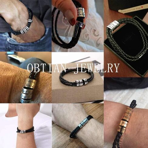 OBTIAN Personalized 925 Sterling Silver Men ID Black Braid Rope Bracelet with Small Custom Beads - Customize Family Name in Bracelet in Kuwait