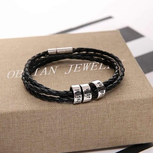 OBTIAN Personalized 925 Sterling Silver Men ID Black Braid Rope Bracelet with Small Custom Beads - Customize Family Name in Bracelet in Kuwait