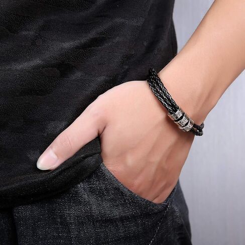 OBTIAN Personalized 925 Sterling Silver Men ID Black Braid Rope Bracelet with Small Custom Beads - Customize Family Name in Bracelet in Kuwait