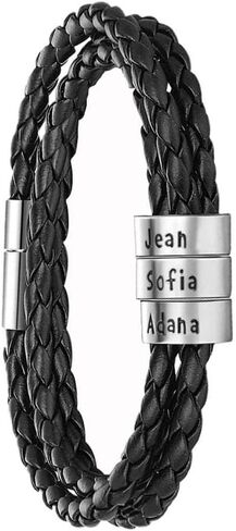 OBTIAN Personalized 925 Sterling Silver Men ID Black Braid Rope Bracelet with Small Custom Beads - Customize Family Name in Bracelet in Kuwait