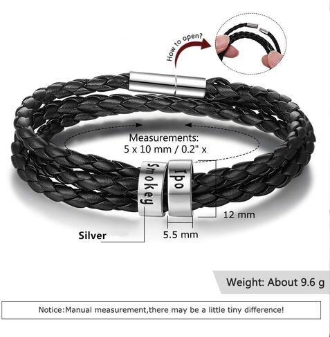 OBTIAN Personalized 925 Sterling Silver Men ID Black Braid Rope Bracelet with Small Custom Beads - Customize Family Name in Bracelet in Kuwait