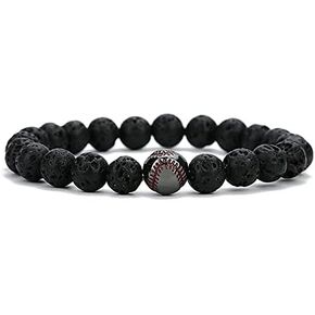 Sport Baseball Beads Bracelet Nature Lava Matte Stone Black White Bracelets &amp/Bangles for Men Summer Jewelry - (Metal Color: Lava Gun Black) in Kuwait