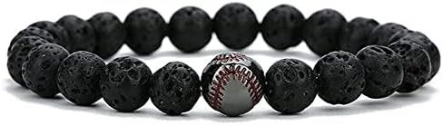 Sport Baseball Beads Bracelet Nature Lava Matte Stone Black White Bracelets &amp/Bangles for Men Summer Jewelry - (Metal Color: Lava Gun Black) in Kuwait