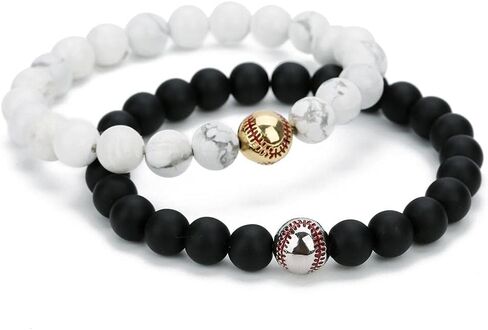 Sport Baseball Beads Bracelet Nature Lava Matte Stone Black White Bracelets &amp/Bangles for Men Summer Jewelry - (Metal Color: Lava Gun Black) in Kuwait