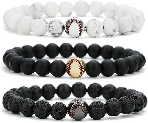 Sport Baseball Beads Bracelet Nature Lava Matte Stone Black White Bracelets &amp/Bangles for Men Summer Jewelry - (Metal Color: Lava Gun Black) in Kuwait