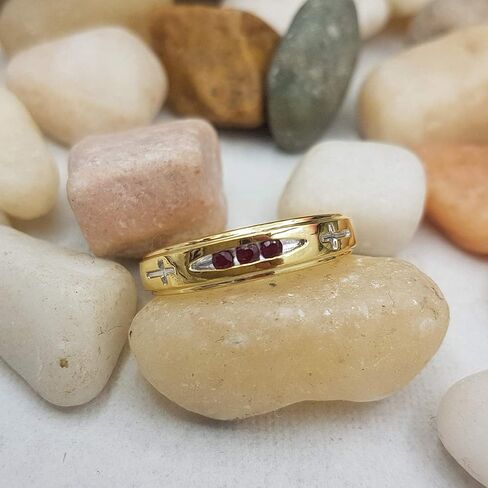 Dazzlingrock Collection 0.15 Carat (ctw) 18K Yellow Gold Plated Sterling Silver 3 Stone Round Ruby Cross Design Men's Band Ring in Saudi Arabia