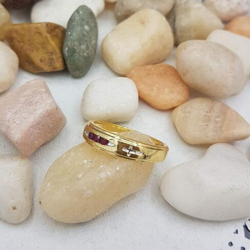 Dazzlingrock Collection 0.15 Carat (ctw) 18K Yellow Gold Plated Sterling Silver 3 Stone Round Ruby Cross Design Men's Band Ring in Saudi Arabia