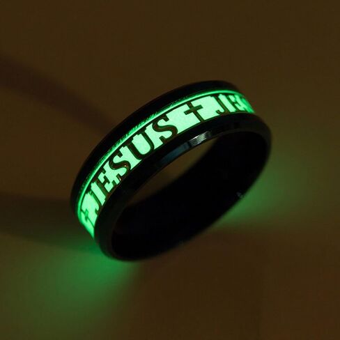 JAJAFOOK Men 8mm Wide Luminous Effect Stainless Steel Luminous Cross Jesus Band Ring Glow in The Dark in Saudi Arabia