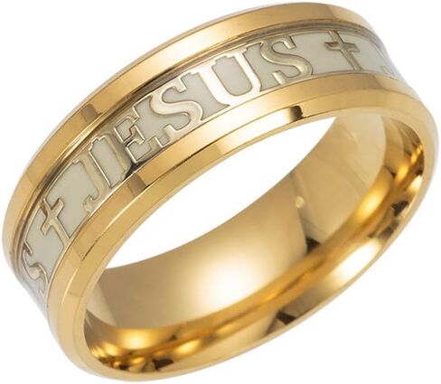 JAJAFOOK Men 8mm Wide Luminous Effect Stainless Steel Luminous Cross Jesus Band Ring Glow in The Dark in Kuwait