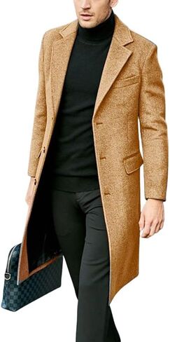 chouyatou Men's Notched Lapel Single Breasted Business Office Wool Trench Coat Overcoat in Saudi Arabia